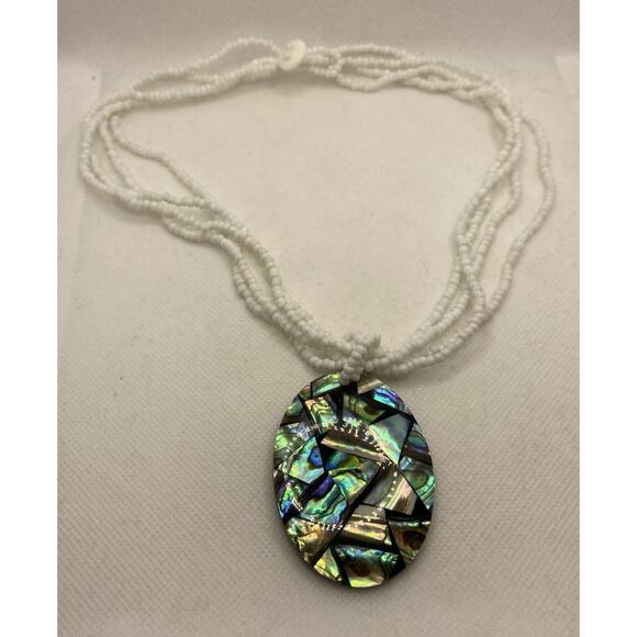 4 Strand White Seed Bead Necklace w Large Oval Abalone Pendant Beach Mermaid - Picture 6 of 9